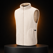 ThermStride cream heated fleece vest on a dark pedestal with warm amber lighting