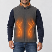Model wearing the gray polar fleece heated vest with an illustrative warm heating effect