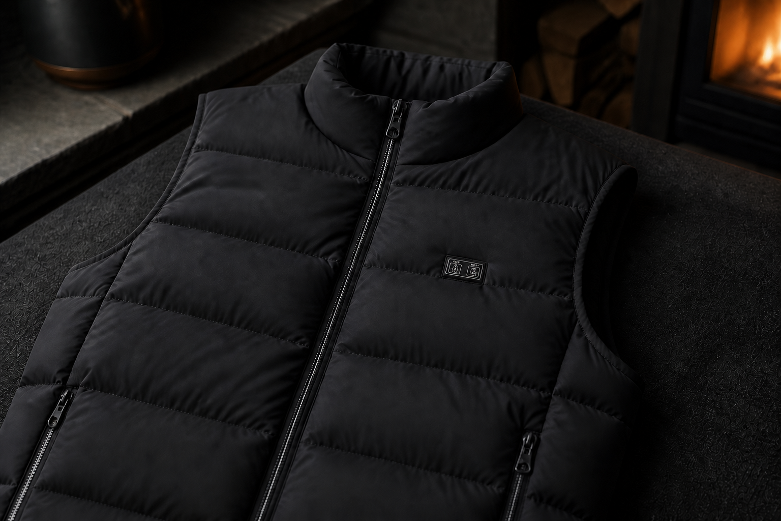 ThermStride heated vest with clear dual heating controls in a warm winter lodge