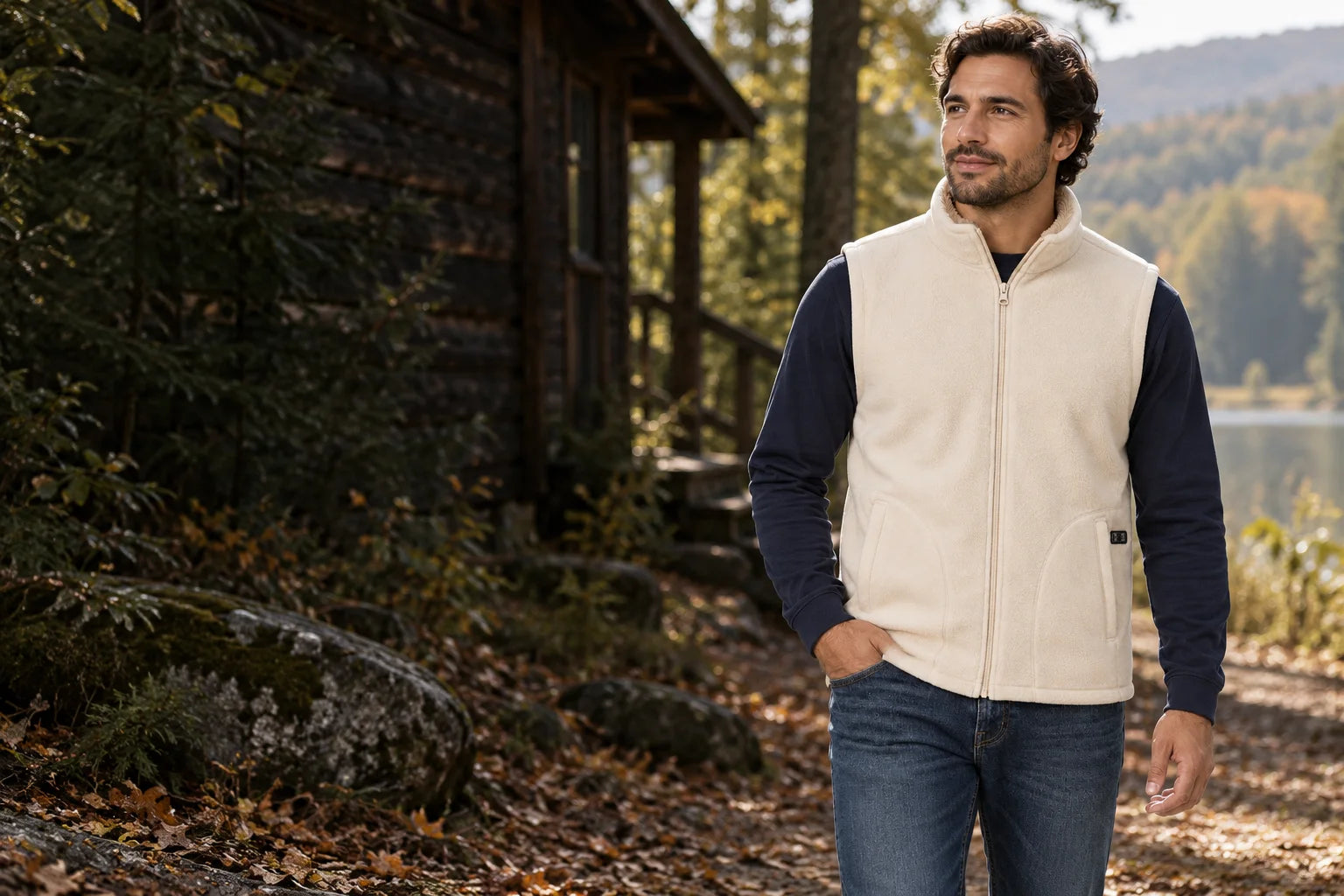 Cream ThermStride heated fleece vest worn beside a woodland cabin