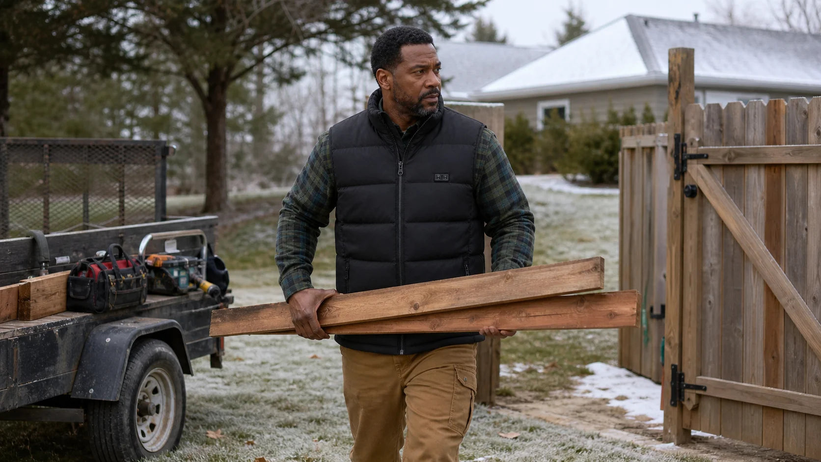 ThermStride heated vest outdoor-work scene with lumber and tools